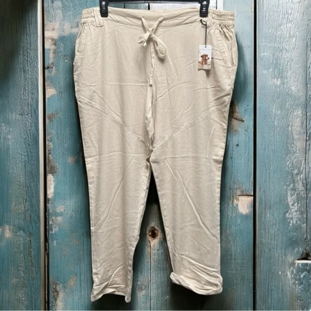 Sincerely Jules Khaki Linen Blend Pull-On Convertible Length Pants - Picture 1 of 6